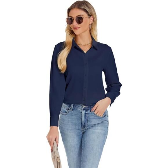 Women's Button Down Shirts, Chiffon Top Navy Blue - Picture 2 of 5